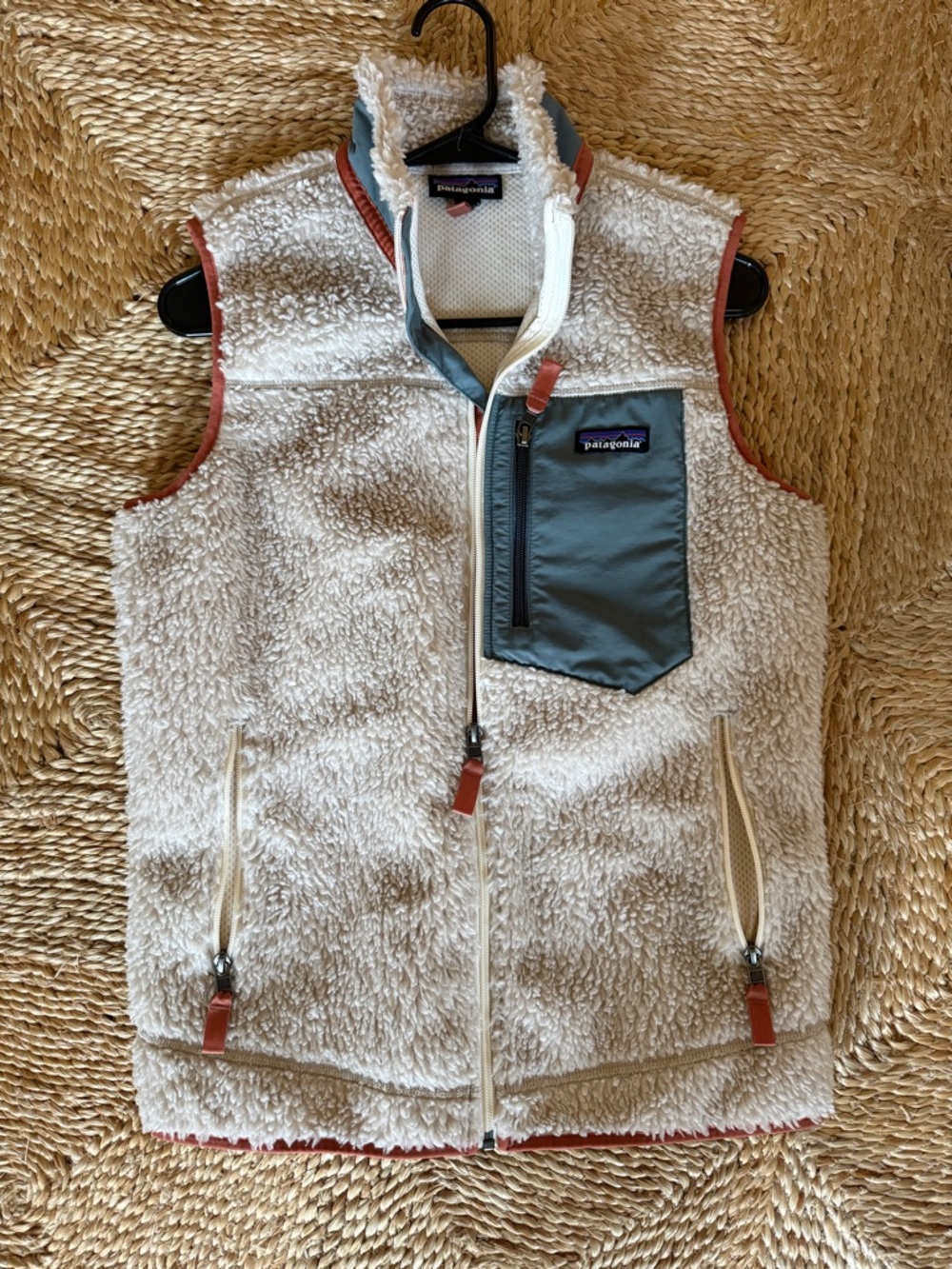 Patagonia Cream Sherpa Vest with Slate Blue and Rust Logo Detail